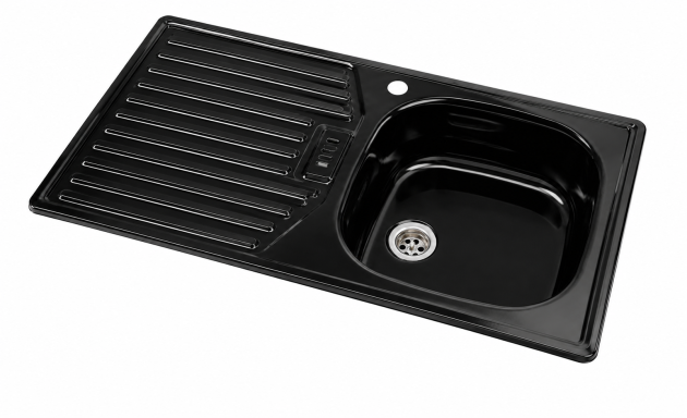 RIEBER E86K Spüle Küchenspüle Einbauspüle Schwarz B-R 86 x 43,5 cm Emaille Spülbecken rechts inkl. Ablaufgarnitur