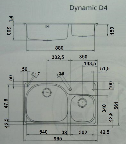 SUTER Dynamic D4 Edelstahl Doppelbecken-Spüle 96,5 x 56 x 20 cm