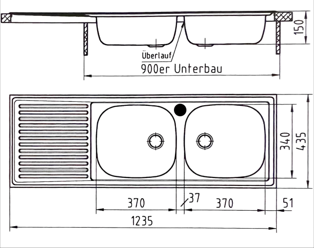 RIEBER E 123/2 Spüle Becken Rechts mit Hahnloch 123,5x43,5 cm Doppelbecken Spüle Einbauspüle Küchenspüle EDELSTAHL Doppelspülbecken mit Abtropffläche