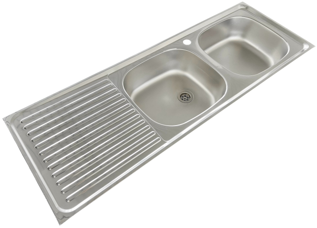 RIEBER E 123/2 Spüle Becken Rechts mit Hahnloch 123,5x43,5 cm Doppelbecken Spüle Einbauspüle Küchenspüle EDELSTAHL Doppelspülbecken mit Abtropffläche