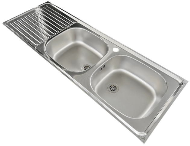 RIEBER E 123/2 Spüle Becken Rechts mit Hahnloch 123,5x43,5 cm Doppelbecken Spüle Einbauspüle Küchenspüle EDELSTAHL Doppelspülbecken mit Abtropffläche