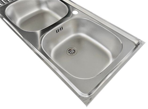 RIEBER E 123/2 Spüle Becken Rechts mit Hahnloch 123,5x43,5 cm Doppelbecken Spüle Einbauspüle Küchenspüle EDELSTAHL Doppelspülbecken mit Abtropffläche