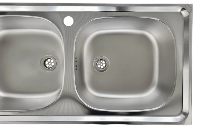 RIEBER E 123/2 Spüle Becken Rechts mit Hahnloch 123,5x43,5 cm Doppelbecken Spüle Einbauspüle Küchenspüle EDELSTAHL Doppelspülbecken mit Abtropffläche