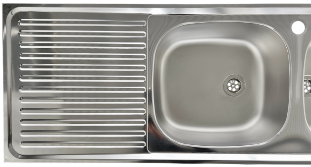 RIEBER E 123/2 Spüle Becken Rechts mit Hahnloch 123,5x43,5 cm Doppelbecken Spüle Einbauspüle Küchenspüle EDELSTAHL Doppelspülbecken mit Abtropffläche