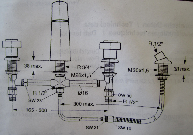Lexington 4-Loch Armatur Badewannenarmatur Handbrause Schlauch Chrom Gold