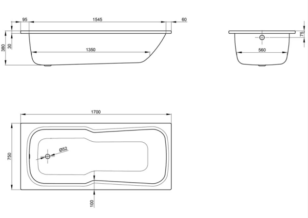 BETTE SET Badewanne 170 x 75 cm WEISS Antirutsch m. Griffbohrungen