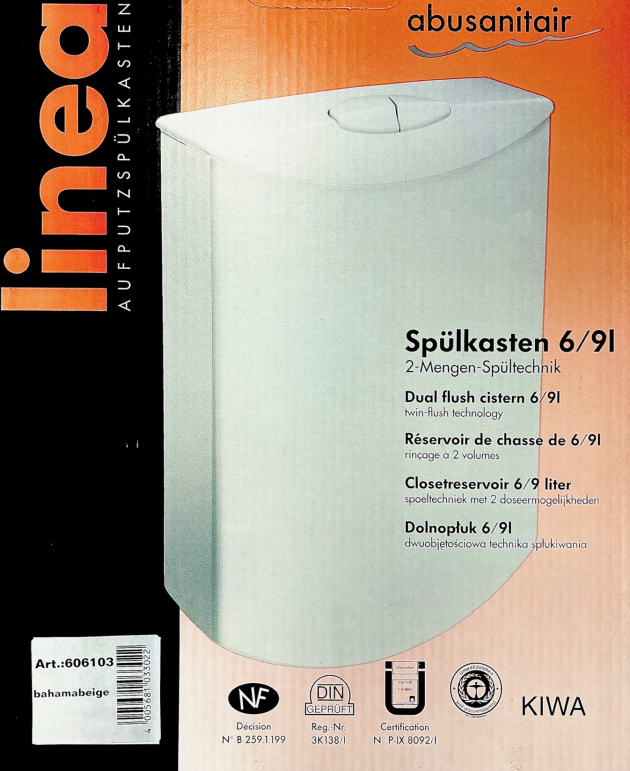 SANIT ABUSANITAIR LINEA Spülkasten Bahamabeige Beige Aufputzspülkasten Start-Stop 6–9L Aufputz Toilettenspülung Kastenspüler Klospülung