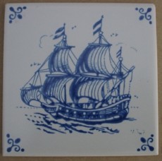 MOSA 4082 Fliese Dekorfliese Delter Delft Art Schiff 10,8x10,8 cm Weiss Blau