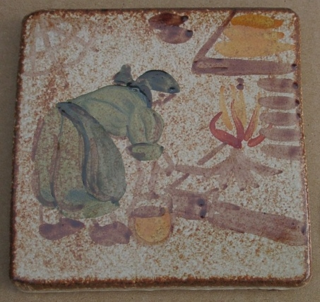 MOSA 1313 Wandfliese handbemalte antike Fliese mit Köchin am offenen Feuer Motiv 10x10 cm