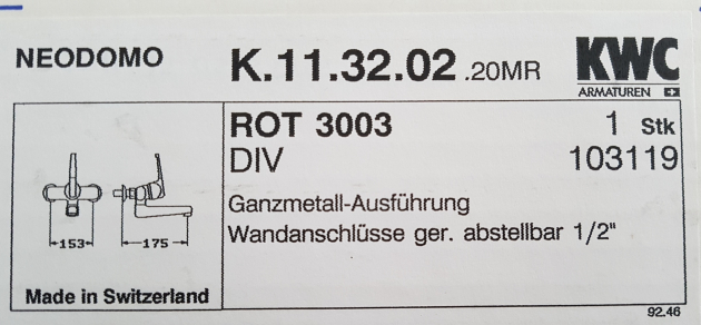 KWC Neodomo Auslauf Wandarmatur Küchenarmatur Schweizer Anschlüsse ROT