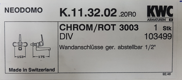 KWC Neodomo Auslauf Wand-Armatur Küchenarmatur Chrom-Rot