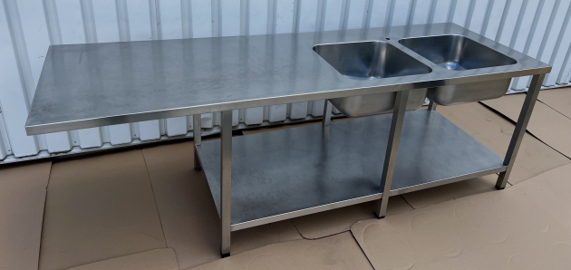 Gastronomie Auflage-Spüle 250x80 cm Edelstahl Spültisch mit Grundboden 2 Becken Rechts und Ablage Arbeitsplatte Sondermaß