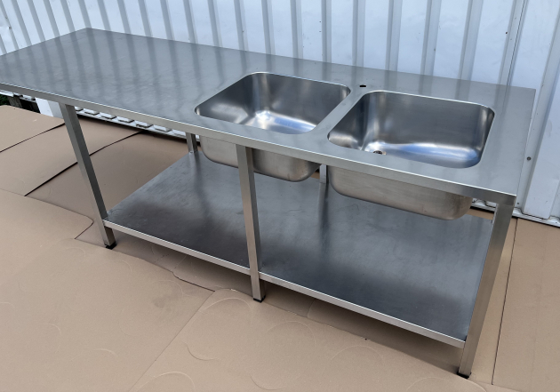 Gastronomie Auflage-Spüle 250x80 cm Edelstahl Spültisch mit Grundboden 2 Becken Rechts und Ablage Arbeitsplatte Sondermaß