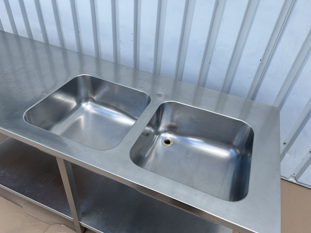 Gastronomie Auflage-Spüle 250x80 cm Edelstahl Spültisch mit Grundboden 2 Becken Rechts und Ablage Arbeitsplatte Sondermaß
