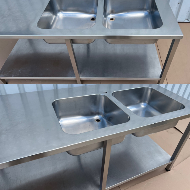 Gastronomie Auflage-Spüle 250x80 cm Edelstahl Spültisch mit Grundboden 2 Becken Rechts und Ablage Arbeitsplatte Sondermaß