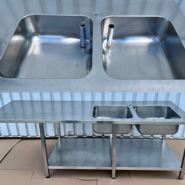 Gastronomie Auflage-Spüle 250x80 cm Edelstahl Spültisch mit Grundboden 2 Becken Rechts und Ablage Arbeitsplatte Sondermaß