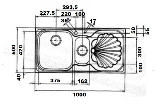SUTER Ocean OC-100 Spüle Muschel 100x50 cm EDELSTAHL Becken-Links
