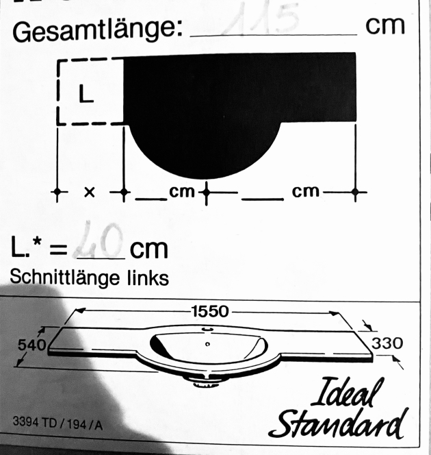 IDEAL STANDARD SIENA Waschbecken Waschtisch 115 x 54 cm links Schnittkante WEISS