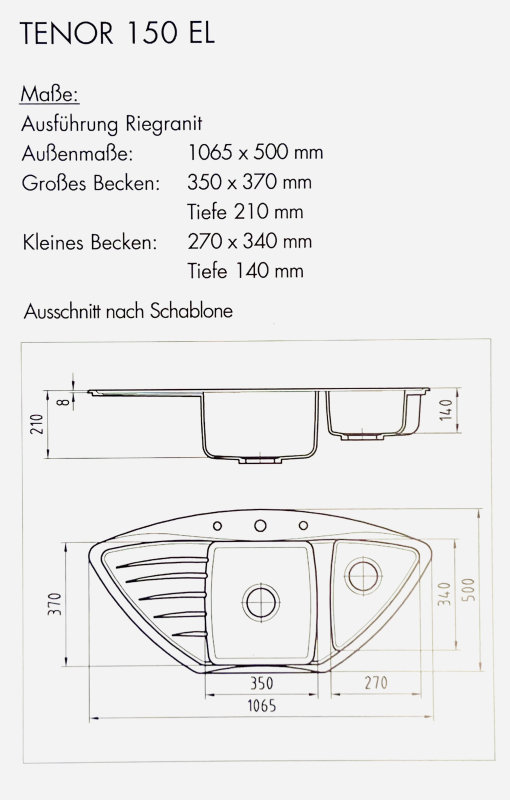 RIEBER Tenor EL Eck-Spüle Graphit-Schwarz-Granit 104,5x50 cm