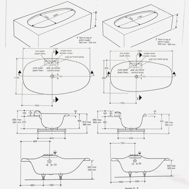 IDEAL STANDARD Belvedere Exklusiv Einbau-Badewanne mit Wasserfall Armatur 210 x 110 cm Weiss
