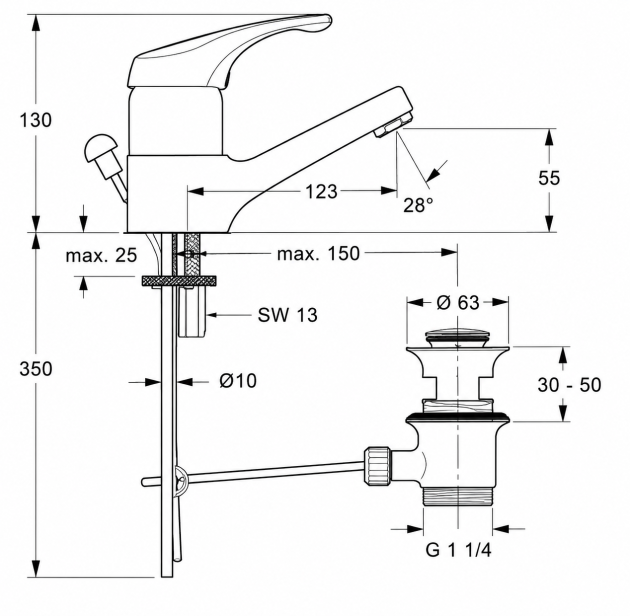 Ideal Standard Ceradisc Waschbeckenarmatur Weiß A1351.988801 | Waschtischarmatur mit Zugknopf-Ablaufgarnitur | Hochdruck Einhebelmischer