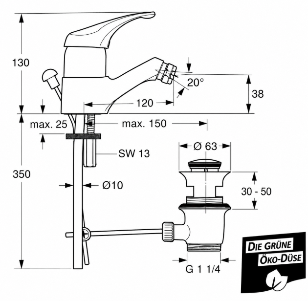 Ideal Standard Ceradisc Bidetarmatur Weiß A1356.988813 | Einhebel-Bidetarmatur mit Zugknopf-Ablaufgarnitur