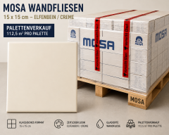 MOSA Wandfliesen 15x15 cm Elfenbein Creme RAL 1013 – Palette 112,5 m² Vintage 70er, 80er, Modell 8670